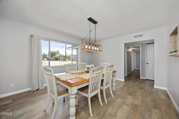 Dining room, Interior, Pendant Lights, Wood Texture Flooring