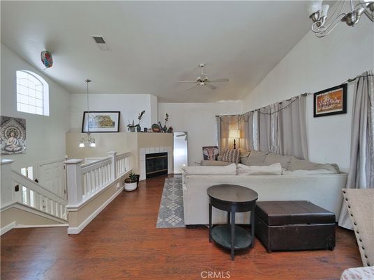 Fireplace, Interior, Living room, Pendant Lights, Wood Texture Flooring