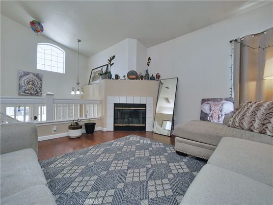 Fireplace, Interior, Living room, Pendant Lights, Wood Texture Flooring