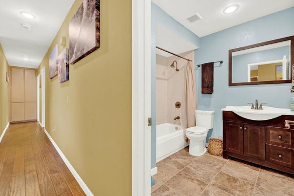 Bathroom, Interior, Recessed Lighting, Wood Texture Flooring