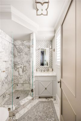 Bathroom, Glass Shower, Interior, Marble, Marble Walls, Recessed Lighting