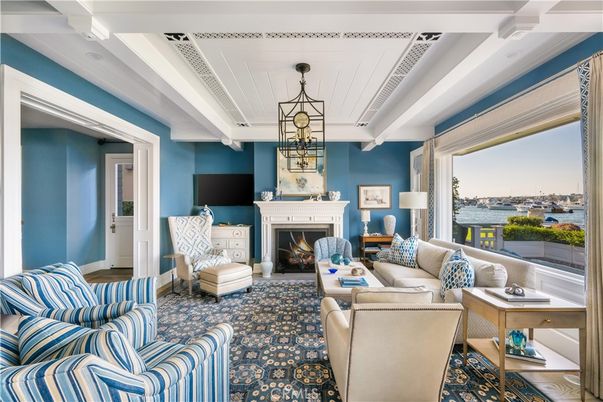 Fireplace, Interior, Living room, Pendant Lights, Water