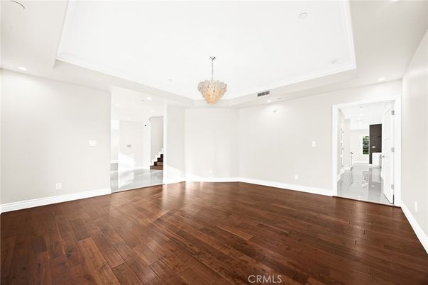 Chandelier, Empty room, Interior, Recessed Lighting, Wood Texture Flooring