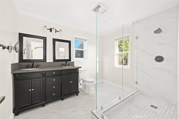 Bathroom, Dual Sink Vanities, Glass Shower, Interior, Marble, Marble Walls