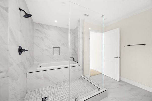 Bathroom, Glass Shower, Interior, Marble, Marble Walls, Recessed Lighting