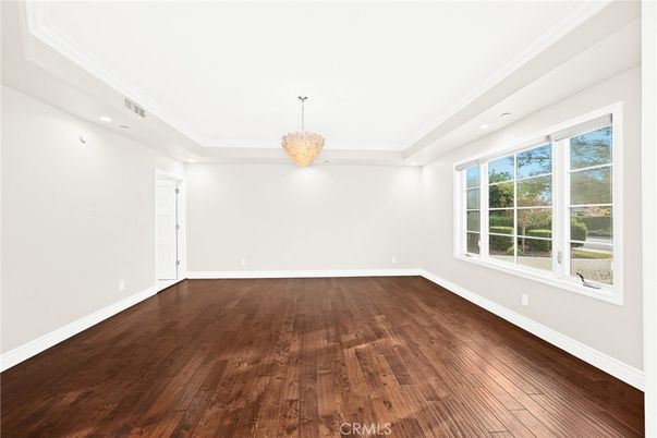 Chandelier, Empty room, Interior, Recessed Lighting, Wood Texture Flooring