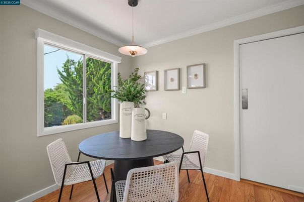 Dining room, Interior, Pendant Lights, Wood Texture Flooring