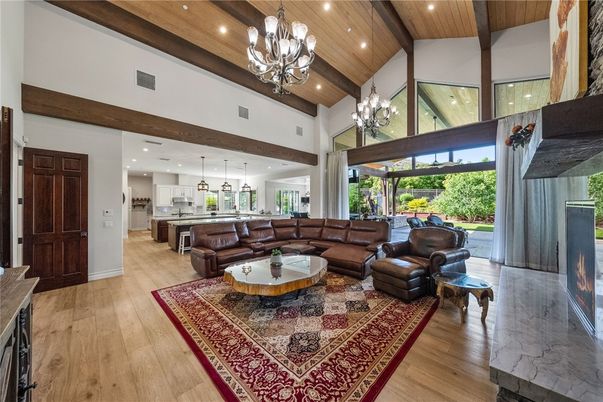 Chandelier, Interior, Kitchen, Living room, Pendant Lights, Recessed Lighting, Wooden Beams, Wooden Ceilings, Wood Texture Flooring