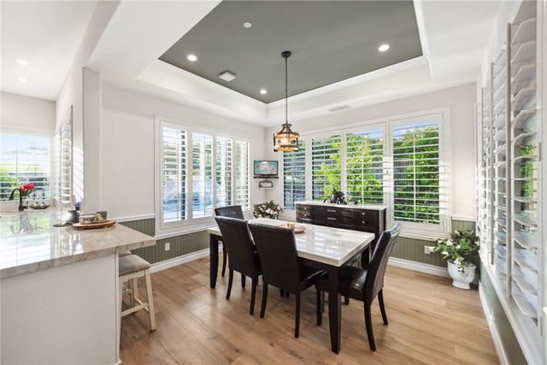Dining room, Interior, Pendant Lights, Recessed Lighting, Wood Texture Flooring