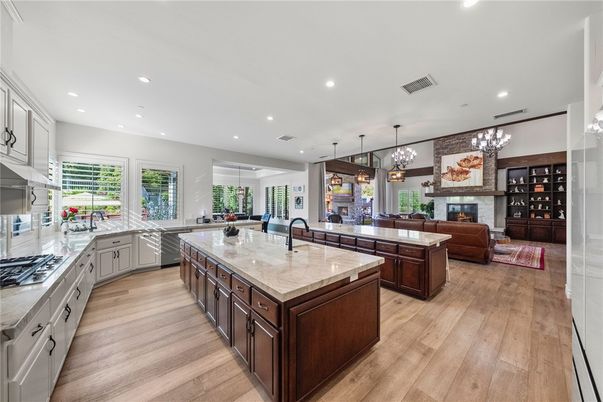 Fireplace, Interior, Kitchen, Living room, Pendant Lights, Recessed Lighting, Wood Texture Flooring