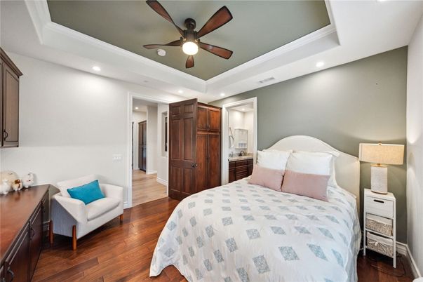 Bedroom, Interior, Recessed Lighting, Wood Texture Flooring