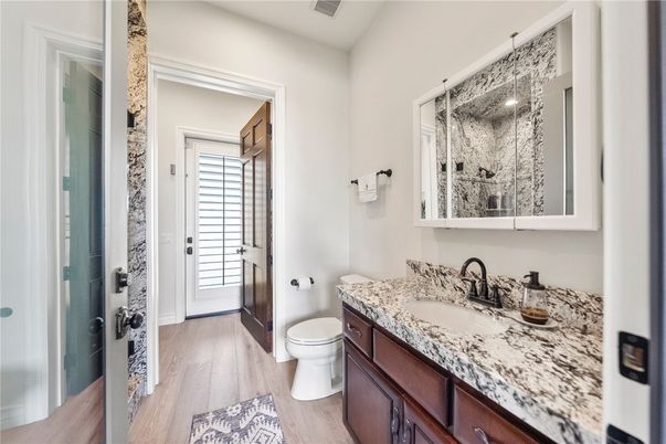 Bathroom, Glass Shower, Interior, Wood Texture Flooring