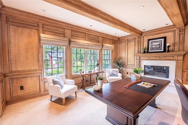 Fireplace, Home Office, Interior, Recessed Lighting, Wooden Walls