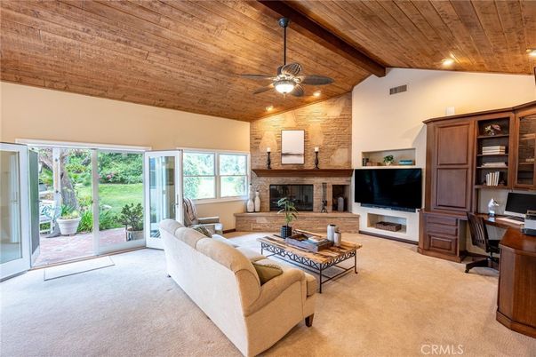 Fireplace, Home Office, Interior, Living room, Recessed Lighting, Stone Walls, Wooden Beams, Wooden Ceilings