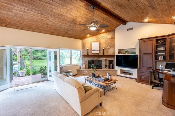Fireplace, Home Office, Interior, Living room, Recessed Lighting, Stone Walls, Wooden Beams, Wooden Ceilings
