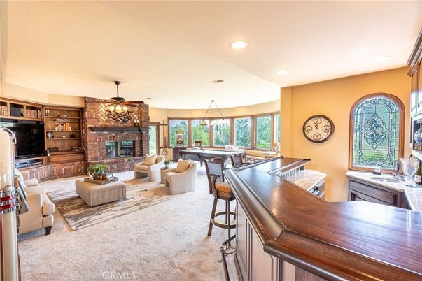 Billiard Table, Dining room, Fireplace, Interior, Living room, Pendant Lights, Recessed Lighting, Stone Walls