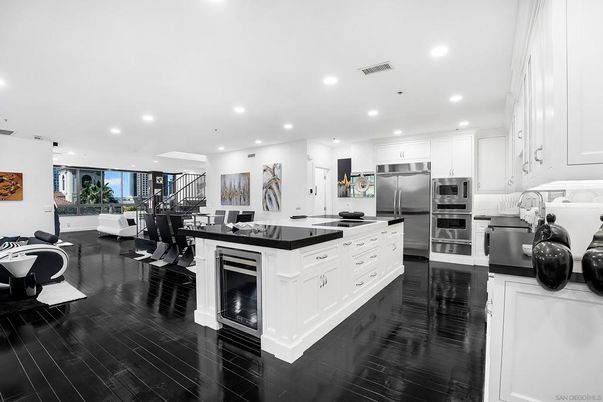 Dining room, Interior, Kitchen, Recessed Lighting, Stainless Steel Appliances, Wood Texture Flooring