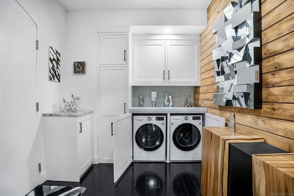 Interior, Recessed Lighting, Washer, Wood Texture Flooring, Wooden Walls