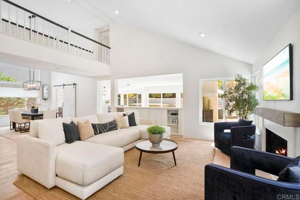Dining room, Fireplace, Interior, Living room, Pendant Lights, Recessed Lighting, Wood Texture Flooring