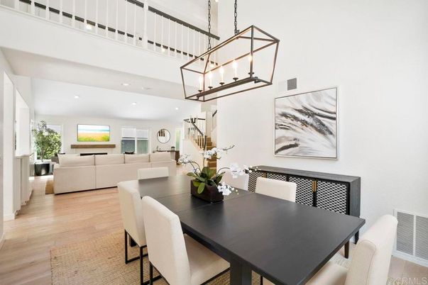 Dining room, Interior, Living room, Pendant Lights, Recessed Lighting, Wood Texture Flooring