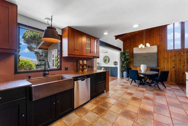 Dining room, Interior, Kitchen, Pendant Lights, Recessed Lighting, Stainless Steel Appliances, Wooden Walls