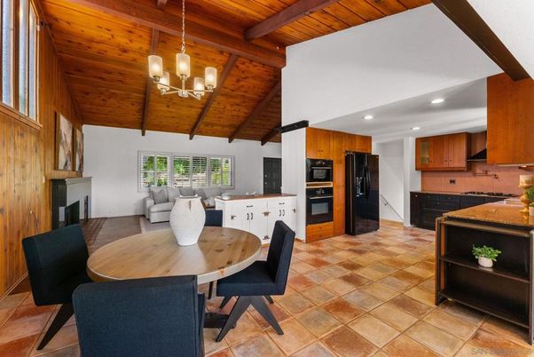 Chandelier, Dining room, Fireplace, Interior, Kitchen, Living room, Recessed Lighting, Wooden Beams, Wooden Ceilings