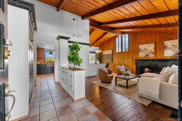 Fireplace, Interior, Living room, Pendant Lights, Wooden Beams, Wooden Ceilings, Wood Texture Flooring, Wooden Walls