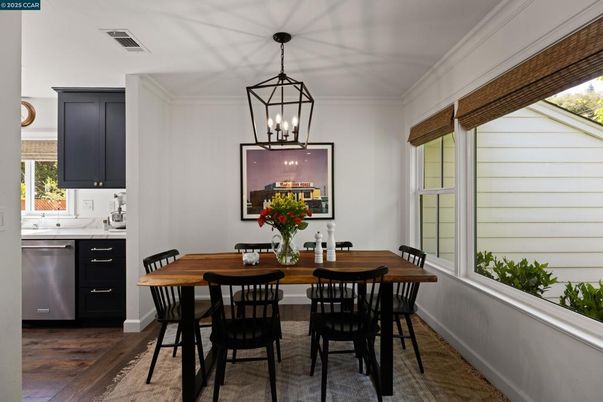 Dining room, Interior, Kitchen, Pendant Lights, Wood Texture Flooring