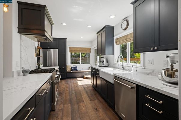 Interior, Kitchen, Recessed Lighting, Stainless Steel Appliances, Wood Texture Flooring