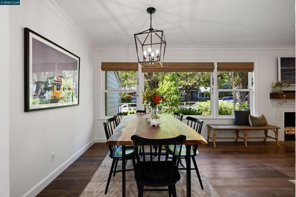Dining room, Fireplace, Interior, Pendant Lights, Wood Texture Flooring