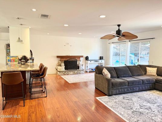 Fireplace, Interior, Living room, Pendant Lights, Recessed Lighting, Wood Texture Flooring