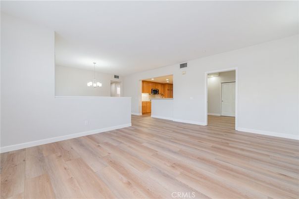 Chandelier, Empty room, Interior, Kitchen, Recessed Lighting, Wood Texture Flooring