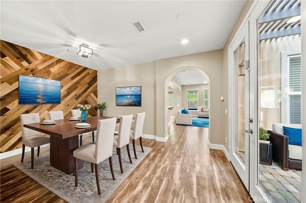 Dining room, Interior, Living room, Recessed Lighting, Wood Texture Flooring, Wooden Walls