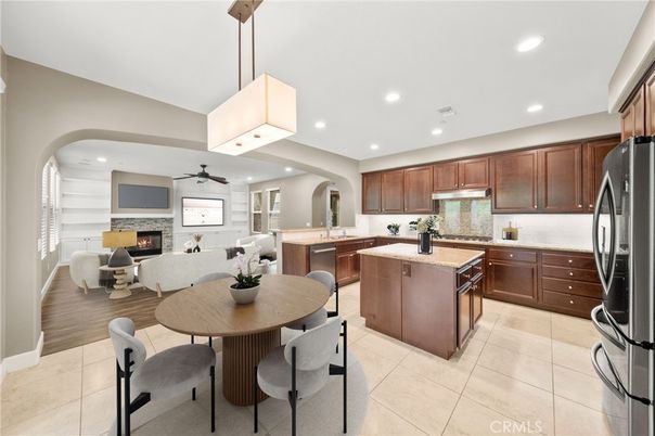 Dining room, Fireplace, Interior, Kitchen, Living room, Pendant Lights, Recessed Lighting, Wood Texture Flooring