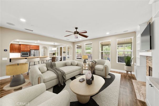 Fireplace, Interior, Kitchen, Living room, Pendant Lights, Recessed Lighting, Stainless Steel Appliances, Wood Texture Flooring