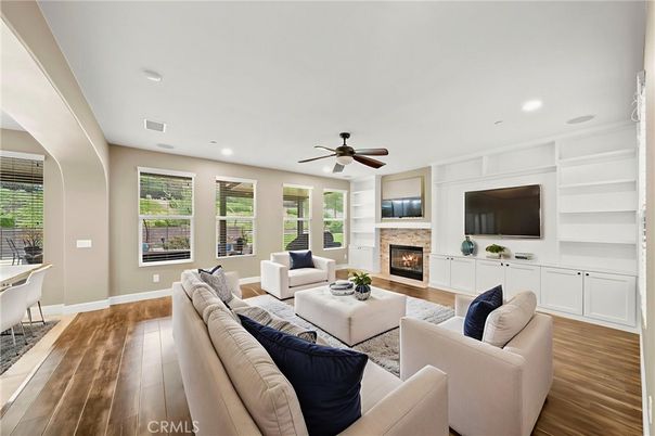 Fireplace, Interior, Living room, Recessed Lighting, Wood Texture Flooring