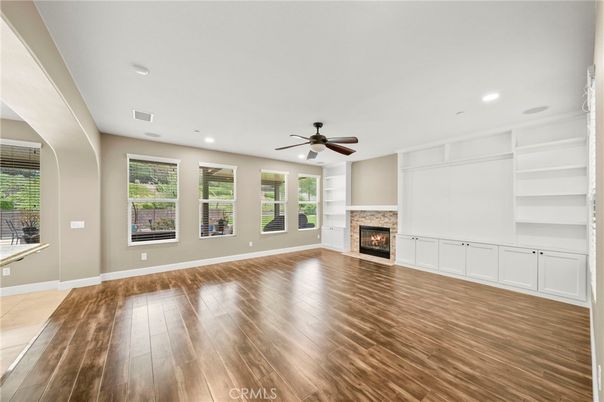 Empty room, Fireplace, Interior, Recessed Lighting, Wood Texture Flooring