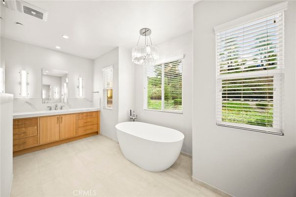 Bathroom, Dual Sink Vanities, Free Standing Baths, Interior, Pendant Lights, Recessed Lighting