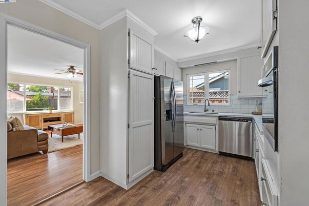 Interior, Kitchen, Stainless Steel Appliances, Wood Texture Flooring