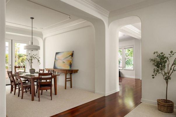 Dining room, Interior, Pendant Lights, Wood Texture Flooring