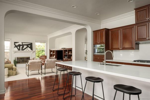 Fireplace, Interior, Kitchen, Living room, Recessed Lighting, Wood Texture Flooring