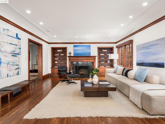 Fireplace, Interior, Living room, Recessed Lighting, Wood Texture Flooring