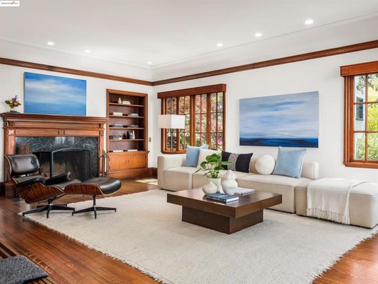 Fireplace, Interior, Living room, Recessed Lighting, Water, Wood Texture Flooring