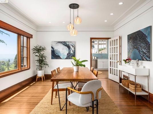 Dining room, Interior, Pendant Lights, Recessed Lighting, Wood Texture Flooring