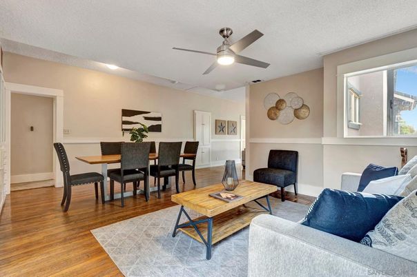 Dining room, Interior, Living room, Recessed Lighting, Wood Texture Flooring