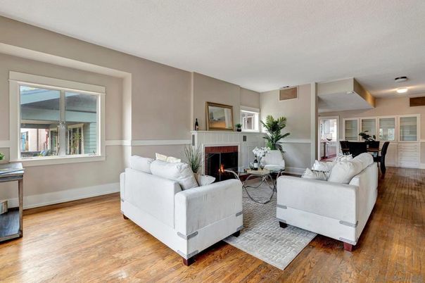 Dining room, Fireplace, Interior, Living room, Wood Texture Flooring