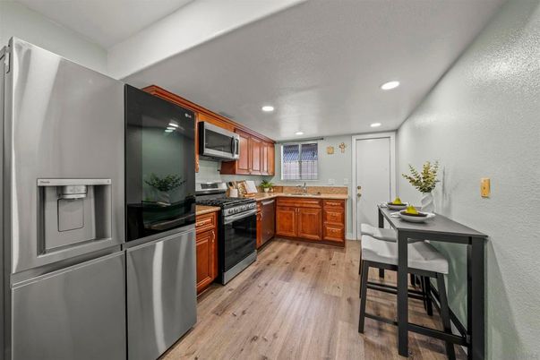 Interior, Kitchen, Recessed Lighting, Stainless Steel Appliances, Wood Texture Flooring