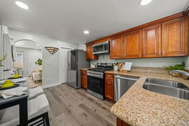 Interior, Kitchen, Recessed Lighting, Wood Texture Flooring