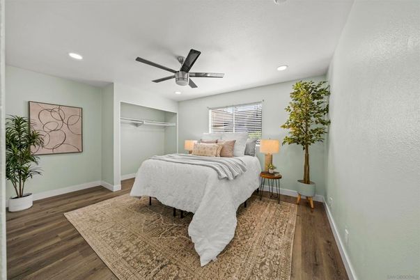 Bedroom, Interior, Recessed Lighting, Wood Texture Flooring