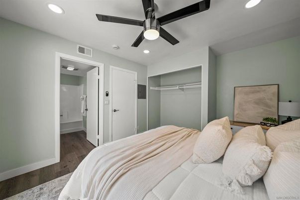 Bedroom, Interior, Recessed Lighting, Wood Texture Flooring